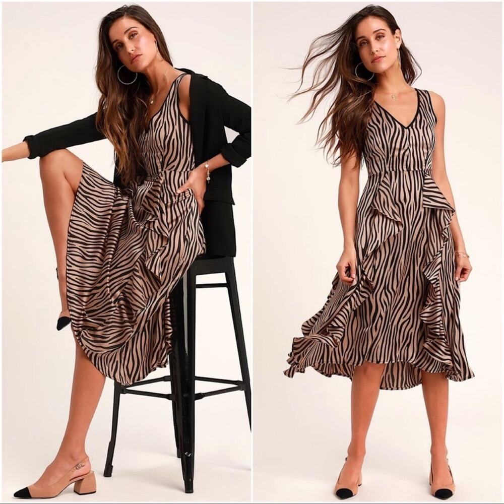 NEW Lulus Dress Tan, Black Zebra Print Ruffled Sleeveless Satin Midi Women’s S